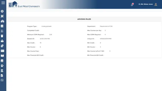 Student portal advising rules page