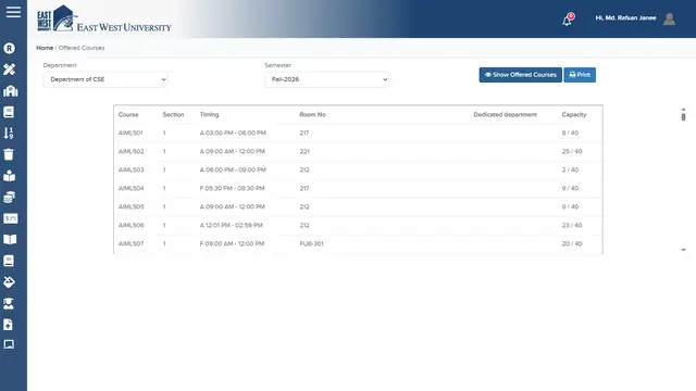 Student portal offered courses page