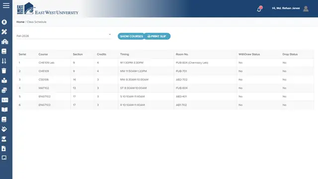 Student portal class routine page